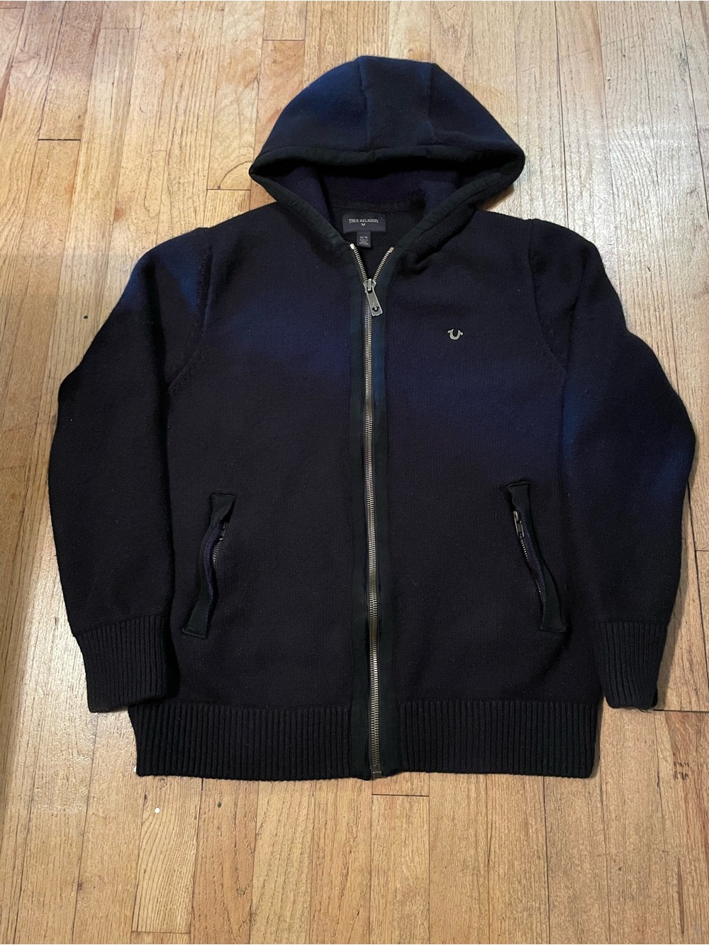 True Religion Navy Black Hooded Zip Knit Jacket